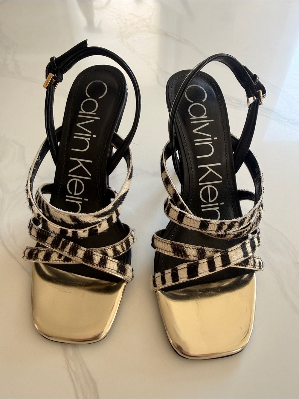 Calvin Klein Black & White Zebra Strap Heels with Gold Toe Cap